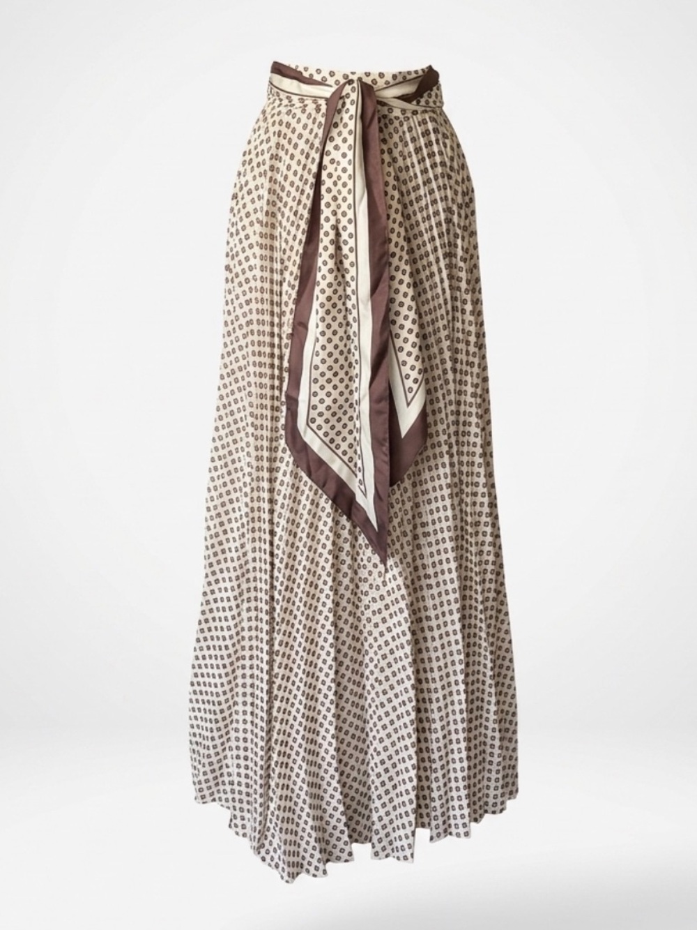 Zimmermann Silk Pleated Maxi Skirt, scarf tie belt, brown polka dots, 0(0-5)